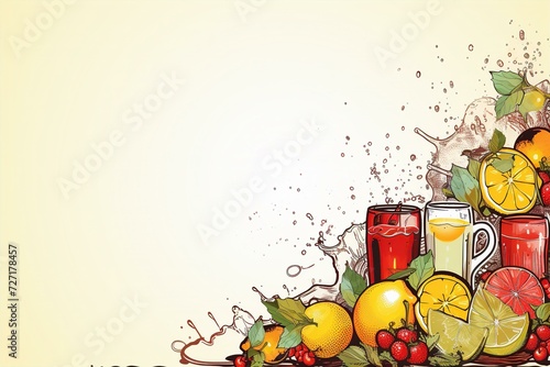 beverage background with glasses of drink and fruits on black background
