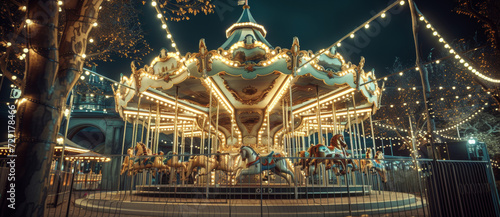 Merry-go-round at night, aglow with fairy lights, invokes whimsical nostalgia