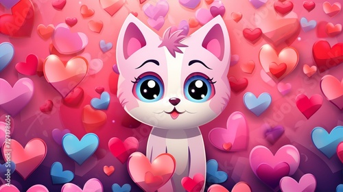 beautiful background with colorful hearts and a cute cat