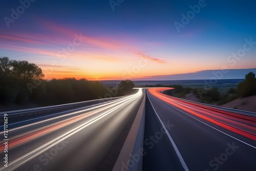 Highway at Sunset with Streaks of Car Lights. Travel and Transportation Background © D