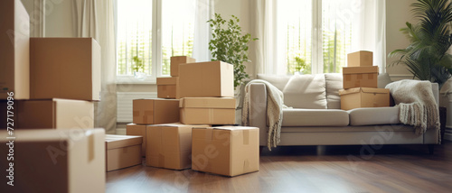 Home relocation scene, with boxes in a sunny living room hinting at new beginnings