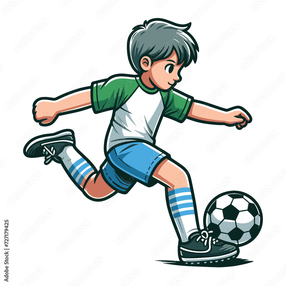 Happy cute little boy playing soccer football game in action cartoon vector illustration, kid player kicking ball design template isolated on white background