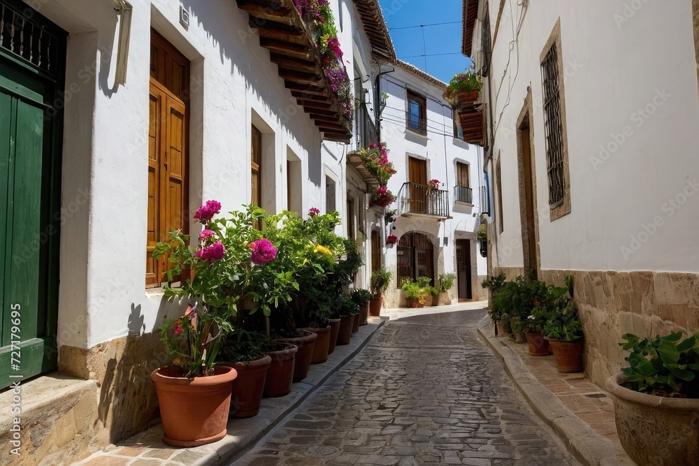 a narrow cobblestone street lined with potted plants, spanish alleyway, narrow and winding cozy streets, narrow streets,