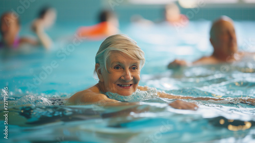  Grandmother swimming in the pool and smiling. aqua aerobics for seniors.