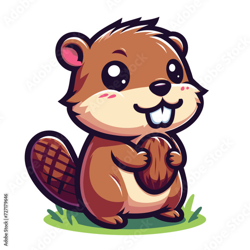 Cute adorable beaver cartoon character vector illustration  funny animal brown beaver flat design mascot logo template isolated on white background