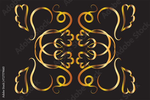 Fantasy ornament with flowers, leaves, curls. Symmetrical ornament, applique, background. Gold gradient on a black background for printing on fabric, applique and cards.