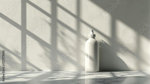 Vertical, empty lotion bottle with cap, made of glass, placed in a simple, white room by the wall, hyper quality, elaborate