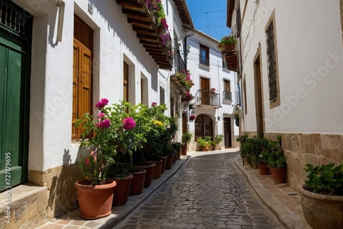 a narrow cobblestone street lined with potted plants, spanish alleyway, narrow and winding cozy streets, narrow streets, © Arman
