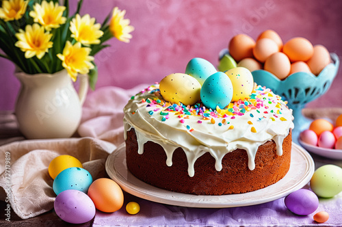 Festive Easter cake and Easter eggs next to it.