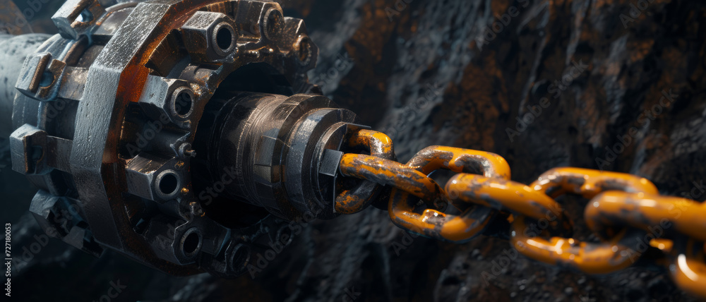 The might of industry encapsulated in the powerful imagery of a mining drill and chain