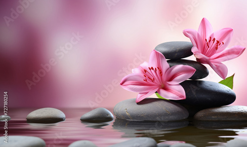 Spa stones and purple flowers on solid color background, yoga meditation relaxation nature tranquility concept illustration