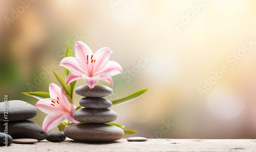 Spa stones and purple flowers on solid color background, yoga meditation relaxation nature tranquility concept illustration