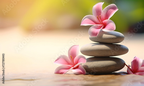 Spa stones and purple flowers on solid color background  yoga meditation relaxation nature tranquility concept illustration