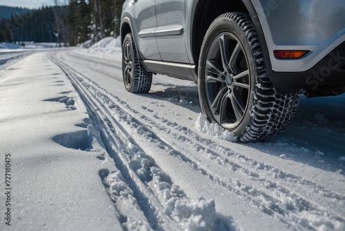 Car on snow road. Closeup of winter tires on snowy highway road. 