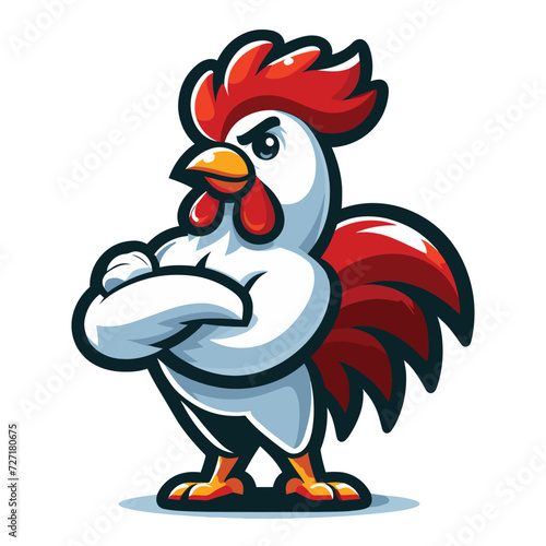Chicken rooster muscle fighting sports mascot logo character cartoon illustration, vector design isolated on white background