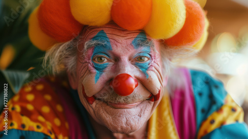 Portrait of a Joyful Elderly Clown with Colorful Makeup and Wig