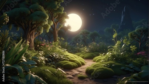 Nocturnal Adventure: Mystical Path in a Moonlit Forest © chep