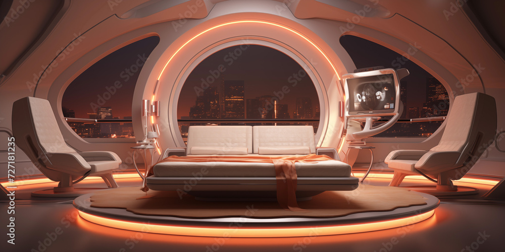Futuristic Modern bedroom Interior Design, panoramic view concept design, focus on sleek lines and innovative materials, Futuristic interior design Futuristic Modern bedroom Interior Design, panoramic view concept design, focus on sleek lines and innovative materials, Futuristic interior design