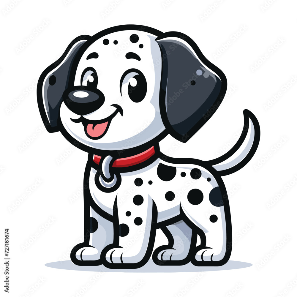 Fototapeta premium Cute adorable dalmatian dog cartoon character vector illustration, funny pet animal dalmatian puppy flat design mascot logo template isolated on white background