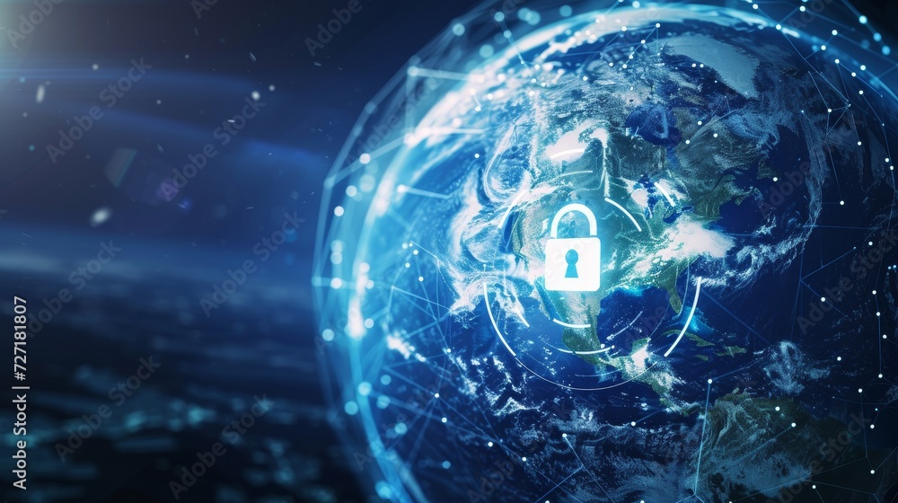 Obraz premium Worldly Protection: Signs Encircling the Globe Against the Lock Symbol