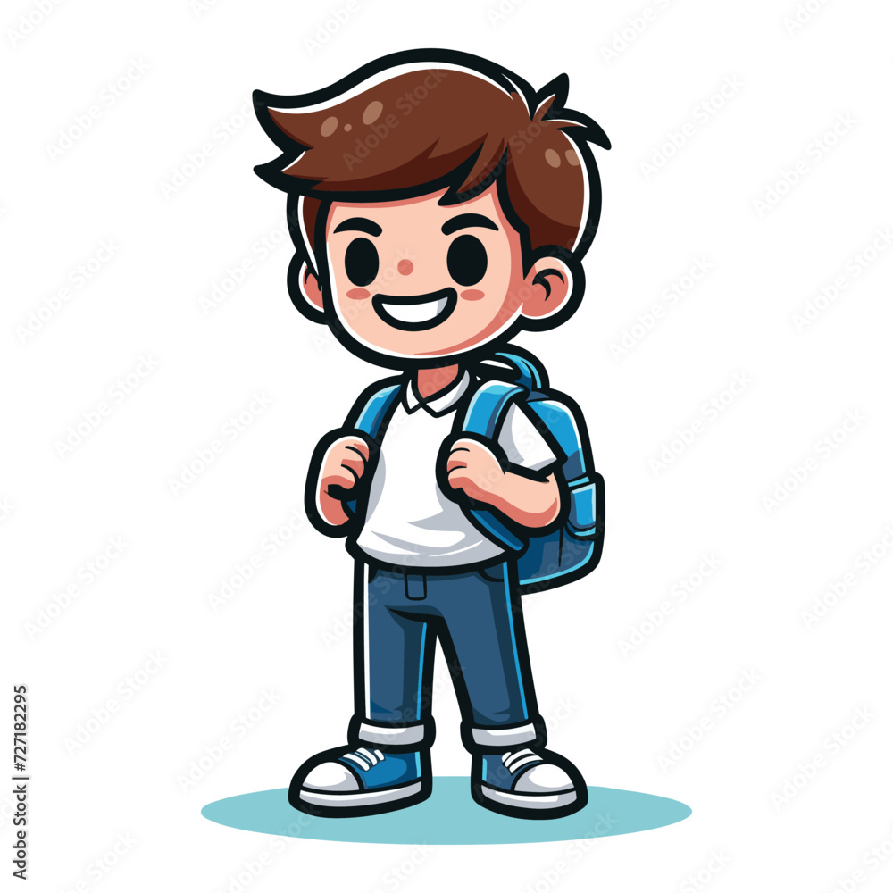 Cute little children stand with backpack, smiling kid heading to school cartoon character, vector illustration isolated on white background