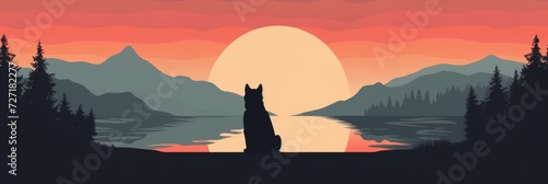Dog silhouette and sunset over the lake and mountains. Banner with dog and nature.