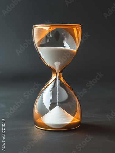 Hourglass flow in modern style, sand clock, Black background. Close up. White sand.