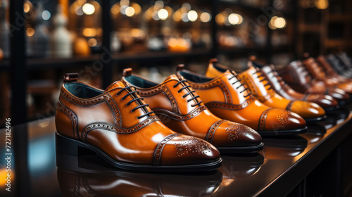 Mens fashion leather shoes on shop window. Concept of diversity, high quality, elegance, honest business relationship photo