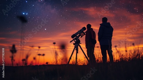 Two People Observing Stars Through Telescopes at Night, Children Day
