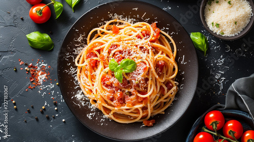 A delicious plate of Spaghetti alla Amatriciana with crispy pancetta bacon