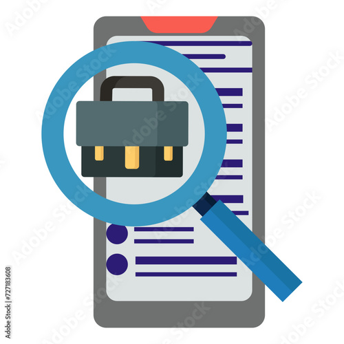 Magnifying glass with bag on cellphone vector icon design, Unemployment symbol, Economic stagnation sign, financial crisis stock illustration, Job Hunting or finding mobile screen concept
