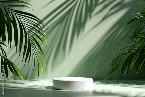 Light green background for product presentation with shadow of tropical palm leaves and light. Podium  stage pedestal platform for cosmetic products. Empty round podium. Layout. banner. Mockup