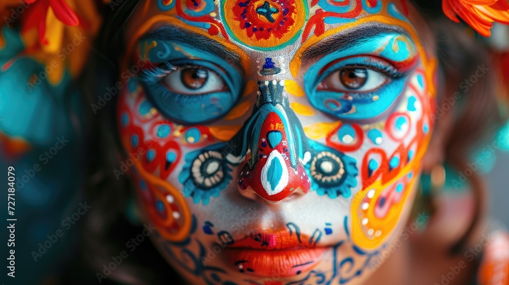 Vibrant Woman With Colorful Makeup and Headdress, Chico De Mayo