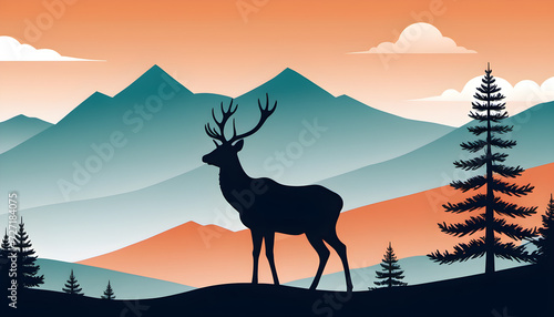 Majestic Stag Standing Before Snow-Capped Mountains at Twilight, illustration of deer