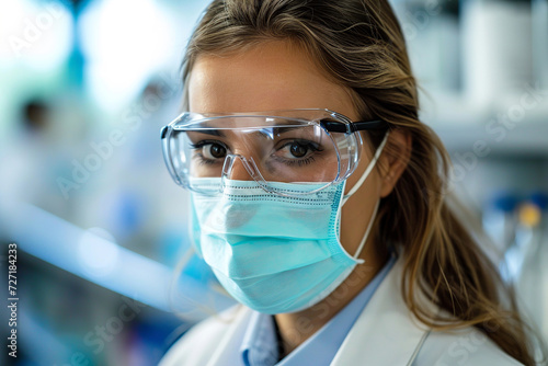 Close-up portrait of a young woman in a laboratory uniform. Beautiful female scientist wearing a mask and glasses working in a science laboratory for experimental research. Copy space