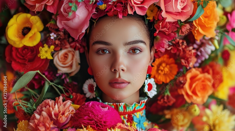 Woman With Flowers in Hair and Makeup, Natural Beauty Portrait for Spring Photoshoot, Chico De Mayo