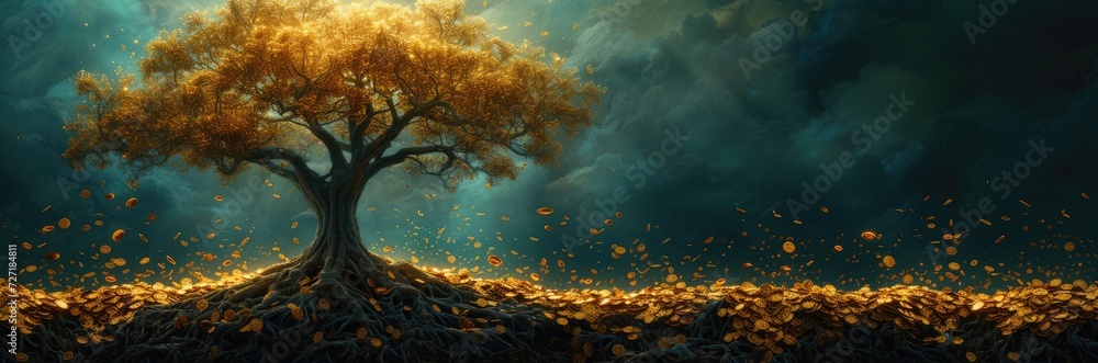 A tree with roots of gold and leaves of currency, depicting economic stability A tree with roots of gold and leaves of currency, depicting economic stability