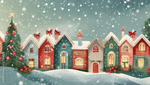 cute christmas houses in a row christmas new year banner cozy winter scene illustration in vintage style