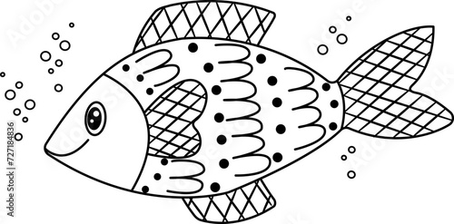 Vector illustration of a fish that swims in the water. A black and white coloring book for children. The marine world of fish. illustration of underwater life, marine creatures, algae and fish.