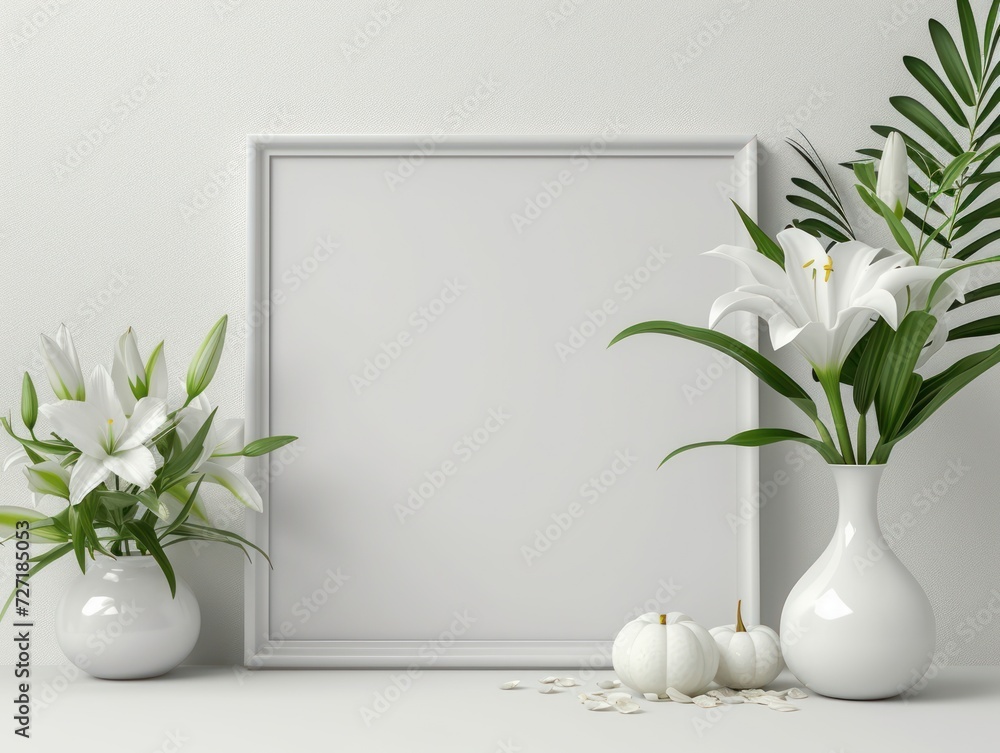 white photo frame with plant in vase on white wall. Ai Generated white photo frame with plant in vase on white wall. Ai Generated