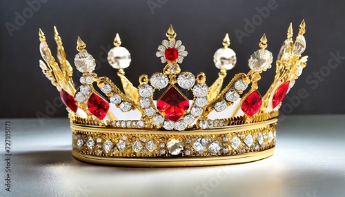 golden crown with red and white diamonds gold tiara for princess expensive jewelry decoration for king or queen magic crown on white background close up