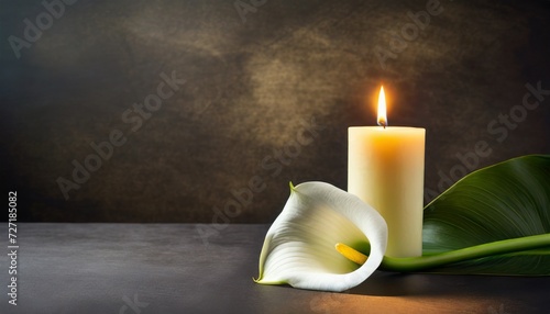 burning candle and white calla lily on dark background with copy space sympathy card