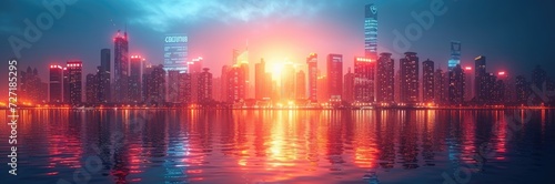 A vibrant city skyline with holograms of stock tickers and economic indicators