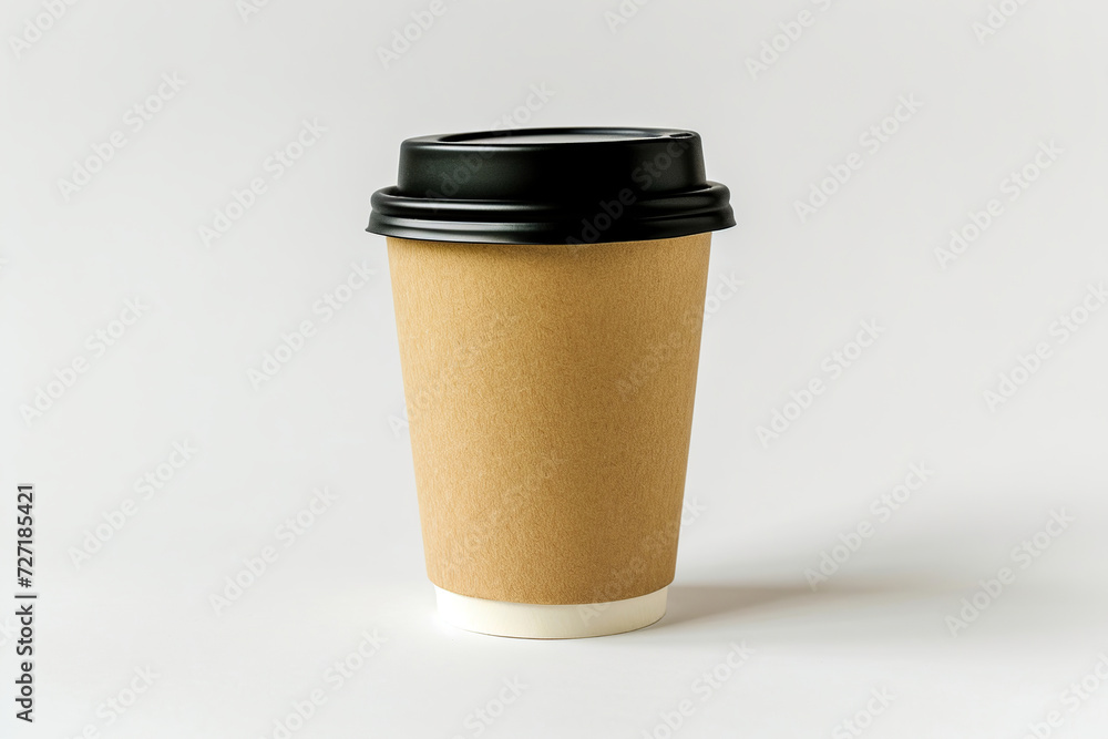 Takeaway paper coffee cup with black lid. Isolated on a light gray background. Kraft Cup Holder. Cafe layout template. Template of disposable plastic and paper tableware for hot drinks Takeaway paper coffee cup with black lid. Isolated on a light gray background. Kraft Cup Holder. Cafe layout template. Template of disposable plastic and paper tableware for hot drinks