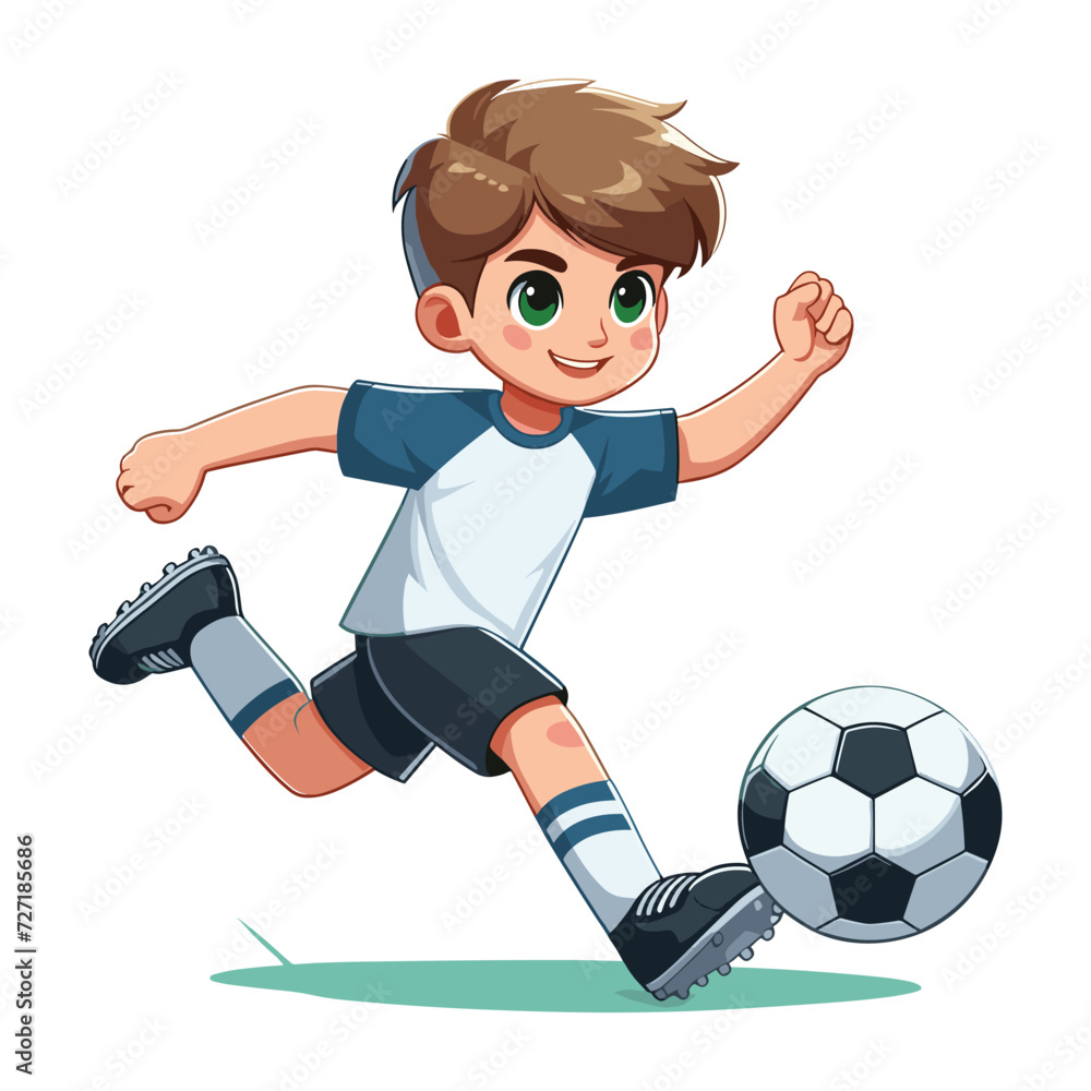 Happy cute little boy playing soccer football game in action cartoon vector illustration, kid player kicking ball design template isolated on white background