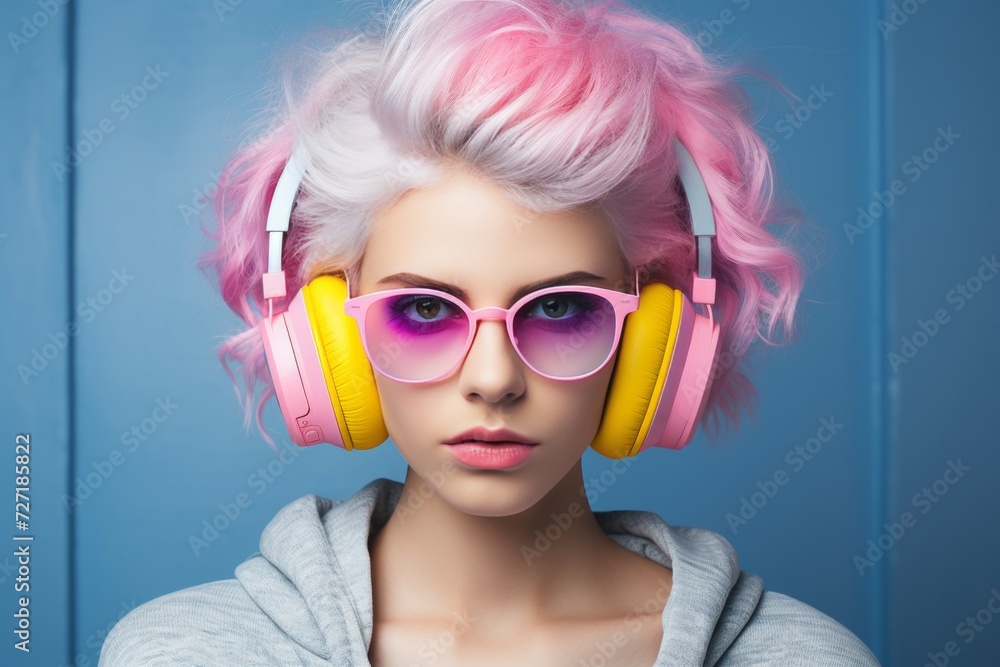 Creative young woman in high-tech glasses and headphones against vibrant backdrop