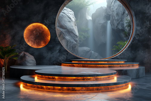 Background moon style podium on platform 3d product render stand. podium stage minimal abstract background beauty dreamy space studio pedestal