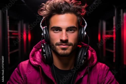 Creative young man with hi-tech gear portrait against vibrant monochrome background