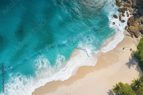 Top view of Tropical island palm tree beach  Overhead view  Aerial shot of a beach with nice sand  blue turquoise water.