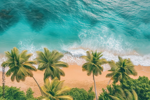 Top view of Tropical island palm tree beach, Overhead view, Aerial shot of a beach with nice sand, blue turquoise water. © jirayut